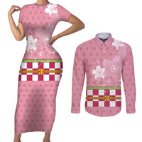 Japanese Asanoha Pattern Couples Matching Short Sleeve Bodycon Dress and Long Sleeve Button Shirt Charm Against Evil Spirits LT9 Pink - Polynesian Pride