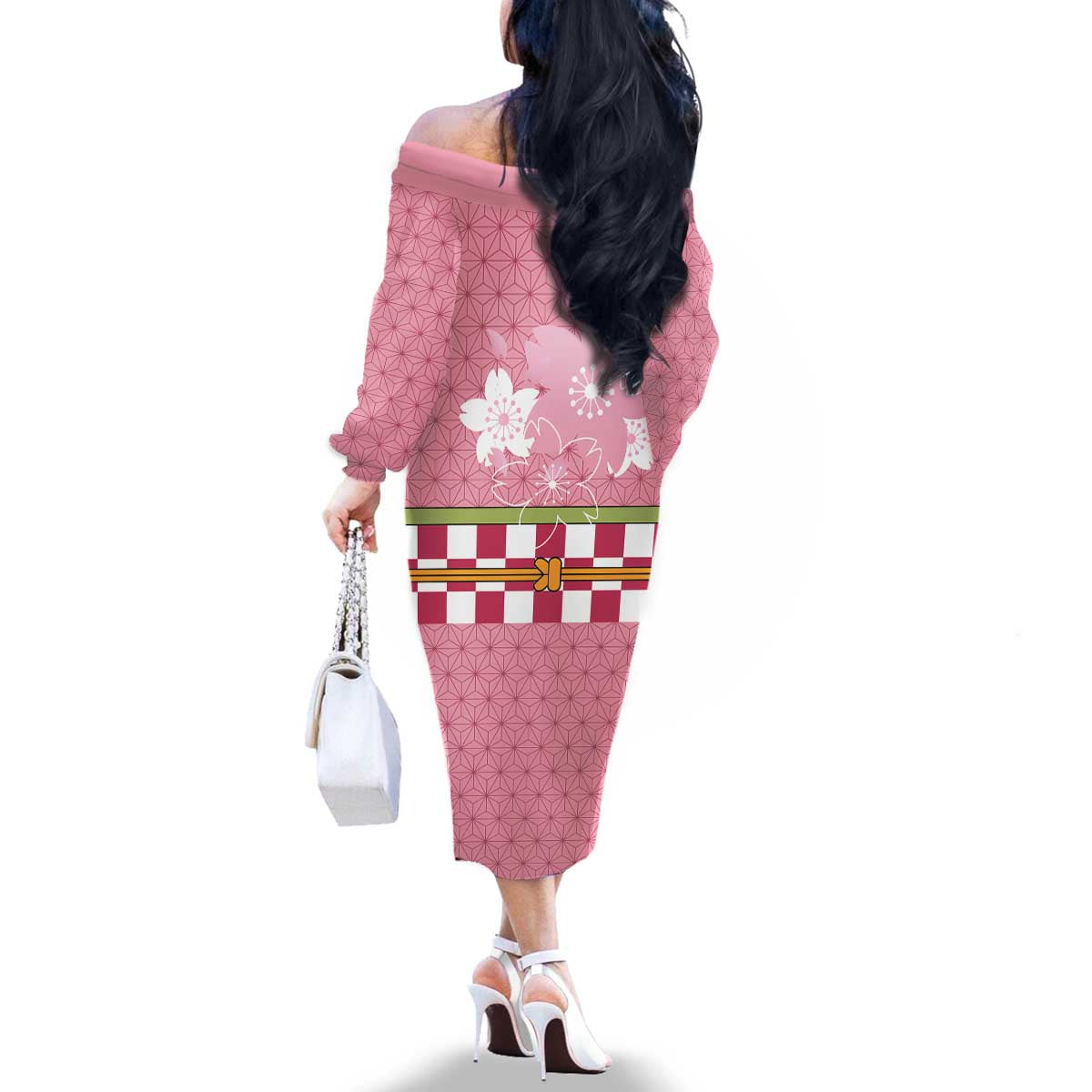 Japanese Asanoha Pattern Family Matching Off The Shoulder Long Sleeve Dress and Hawaiian Shirt Charm Against Evil Spirits - Polynesian Pride