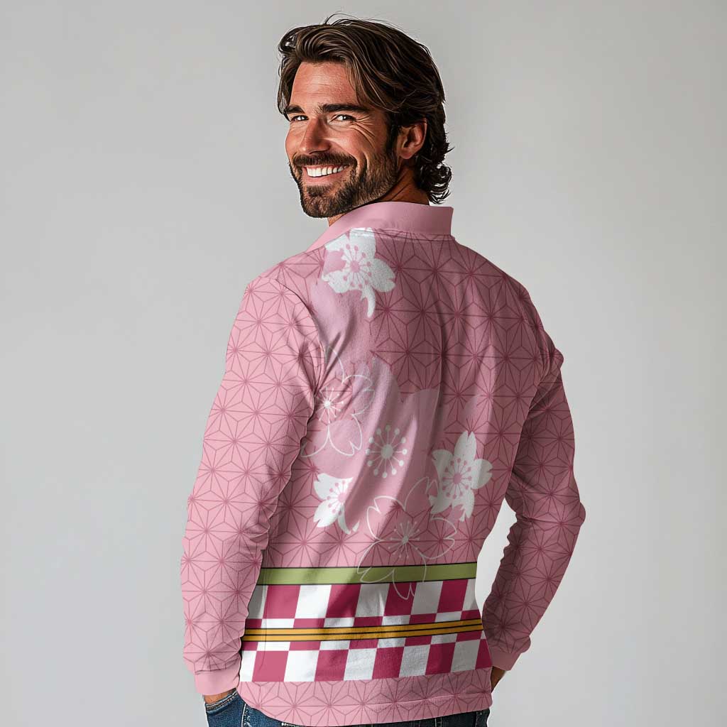 Japanese Asanoha Pattern Long Sleeve Polo Shirt Charm Against Evil Spirits - Polynesian Pride