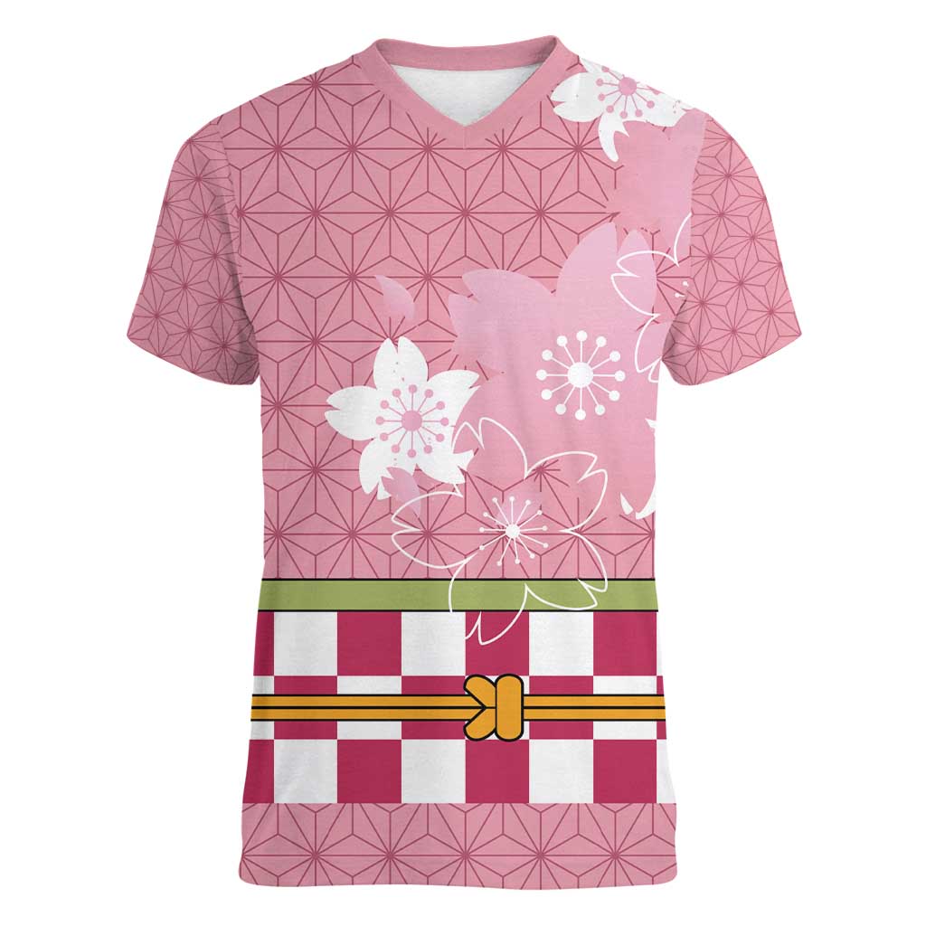 Japanese Asanoha Pattern Women V-Neck T-Shirt Charm Against Evil Spirits LT9 Female Pink - Polynesian Pride