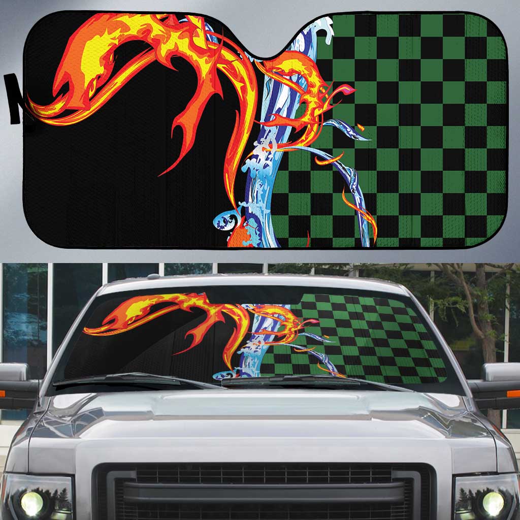 Japanese Asanoha Pattern Auto Sun Shade Sun Flame Slayer Dragon Hinokami Kagura Spirit - Polynesian Pride