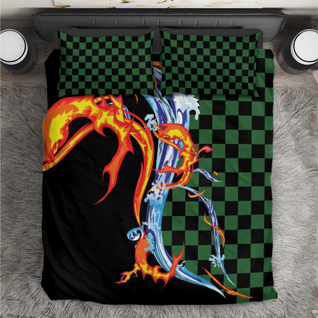 Japanese Asanoha Pattern Bedding Set Sun Flame Slayer Dragon Hinokami Kagura Spirit LT9 Green - Polynesian Pride