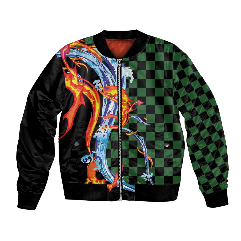 Japanese Asanoha Pattern Bomber Jacket Sun Flame Slayer Dragon Hinokami Kagura Spirit LT9 Unisex Green - Polynesian Pride