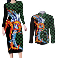 Japanese Asanoha Pattern Couples Matching Long Sleeve Bodycon Dress and Long Sleeve Button Shirt Sun Flame Slayer Dragon Hinokami Kagura Spirit - Polynesian Pride