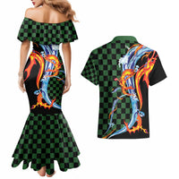 Japanese Asanoha Pattern Couples Matching Mermaid Dress and Hawaiian Shirt Sun Flame Slayer Dragon Hinokami Kagura Spirit - Polynesian Pride