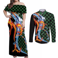 Japanese Asanoha Pattern Couples Matching Off Shoulder Maxi Dress and Long Sleeve Button Shirt Sun Flame Slayer Dragon Hinokami Kagura Spirit - Polynesian Pride