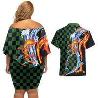 Japanese Asanoha Pattern Couples Matching Off Shoulder Short Dress and Hawaiian Shirt Sun Flame Slayer Dragon Hinokami Kagura Spirit - Polynesian Pride