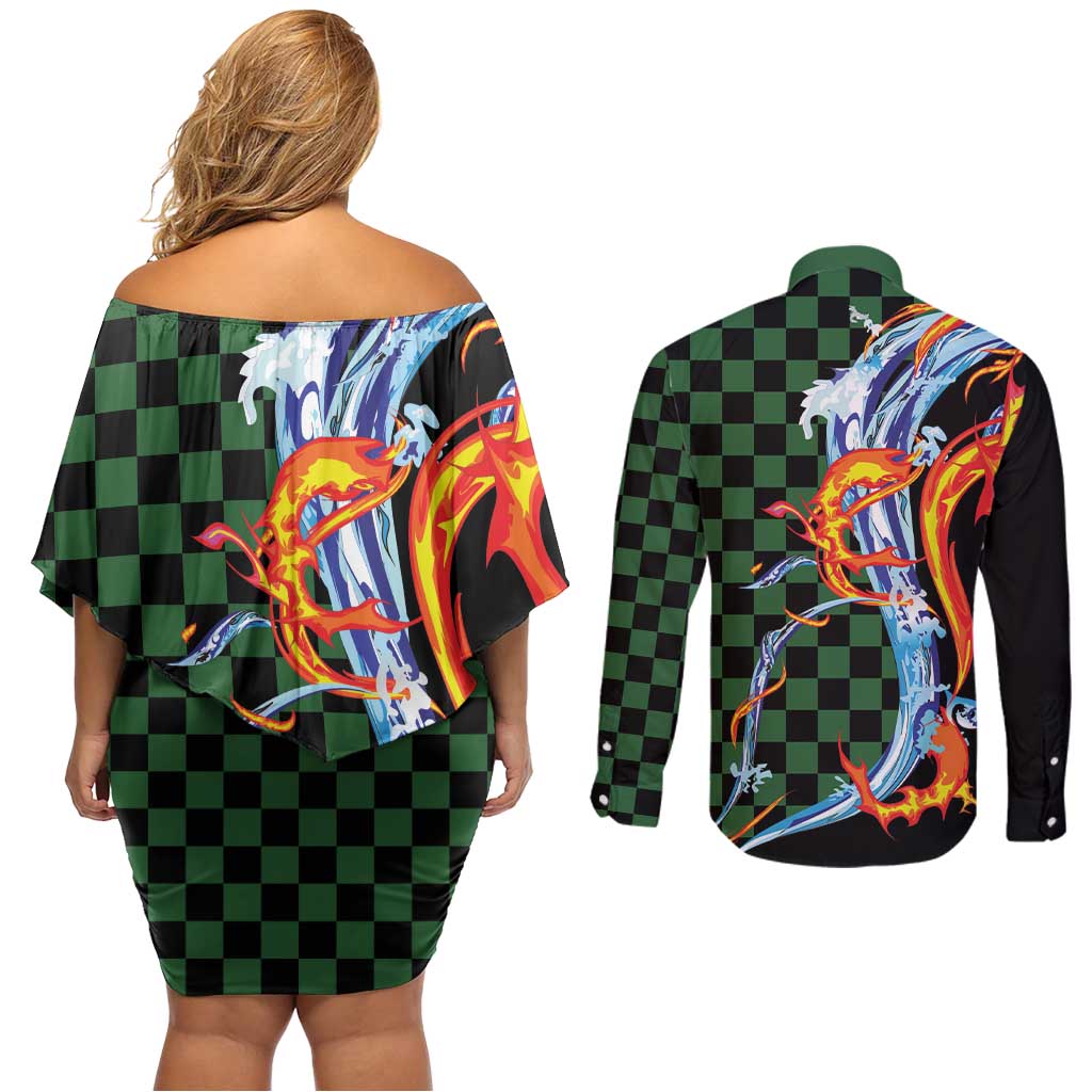 Japanese Asanoha Pattern Couples Matching Off Shoulder Short Dress and Long Sleeve Button Shirt Sun Flame Slayer Dragon Hinokami Kagura Spirit - Polynesian Pride