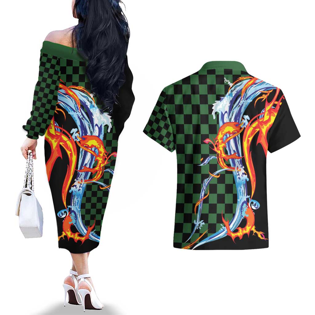 Japanese Asanoha Pattern Couples Matching Off The Shoulder Long Sleeve Dress and Hawaiian Shirt Sun Flame Slayer Dragon Hinokami Kagura Spirit - Polynesian Pride