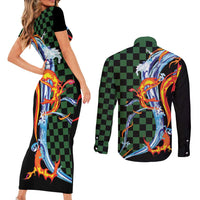 Japanese Asanoha Pattern Couples Matching Short Sleeve Bodycon Dress and Long Sleeve Button Shirt Sun Flame Slayer Dragon Hinokami Kagura Spirit - Polynesian Pride