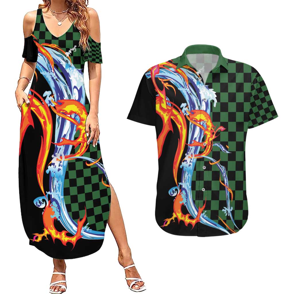 Japanese Asanoha Pattern Couples Matching Summer Maxi Dress and Hawaiian Shirt Sun Flame Slayer Dragon Hinokami Kagura Spirit - Polynesian Pride