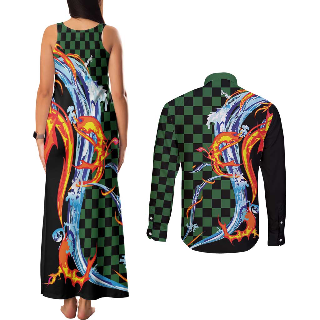 Japanese Asanoha Pattern Couples Matching Tank Maxi Dress and Long Sleeve Button Shirt Sun Flame Slayer Dragon Hinokami Kagura Spirit - Polynesian Pride