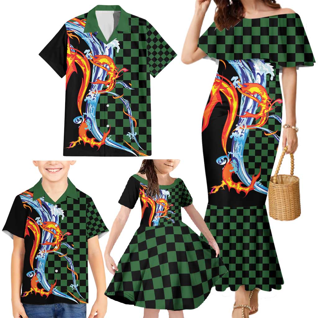 Japanese Asanoha Pattern Family Matching Mermaid Dress and Hawaiian Shirt Sun Flame Slayer Dragon Hinokami Kagura Spirit - Polynesian Pride