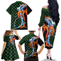 Japanese Asanoha Pattern Family Matching Off The Shoulder Long Sleeve Dress and Hawaiian Shirt Sun Flame Slayer Dragon Hinokami Kagura Spirit - Polynesian Pride