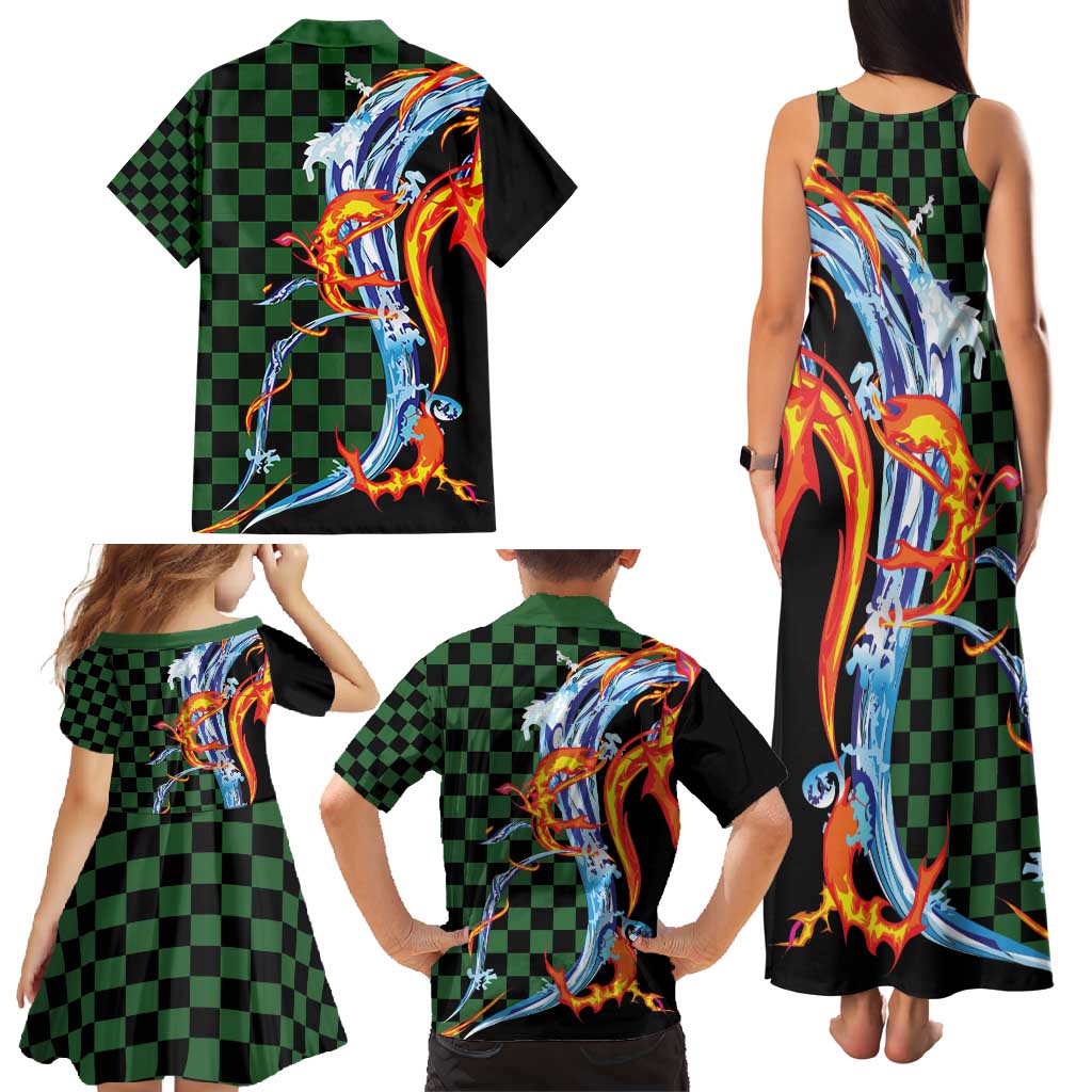 Japanese Asanoha Pattern Family Matching Tank Maxi Dress and Hawaiian Shirt Sun Flame Slayer Dragon Hinokami Kagura Spirit - Polynesian Pride
