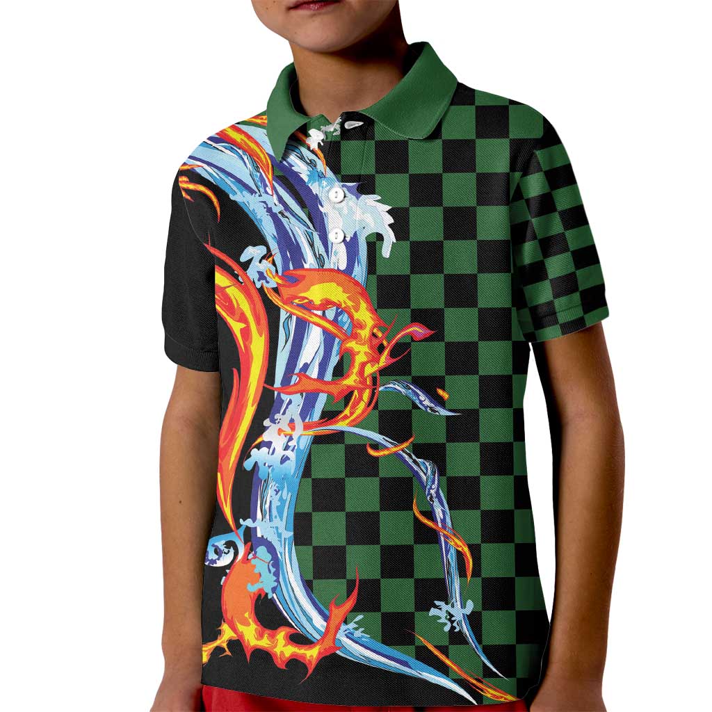 Japanese Asanoha Pattern Kid Polo Shirt Sun Flame Slayer Dragon Hinokami Kagura Spirit - Polynesian Pride