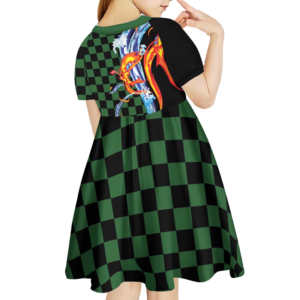 Japanese Asanoha Pattern Kid Short Sleeve Dress Sun Flame Slayer Dragon Hinokami Kagura Spirit - Polynesian Pride