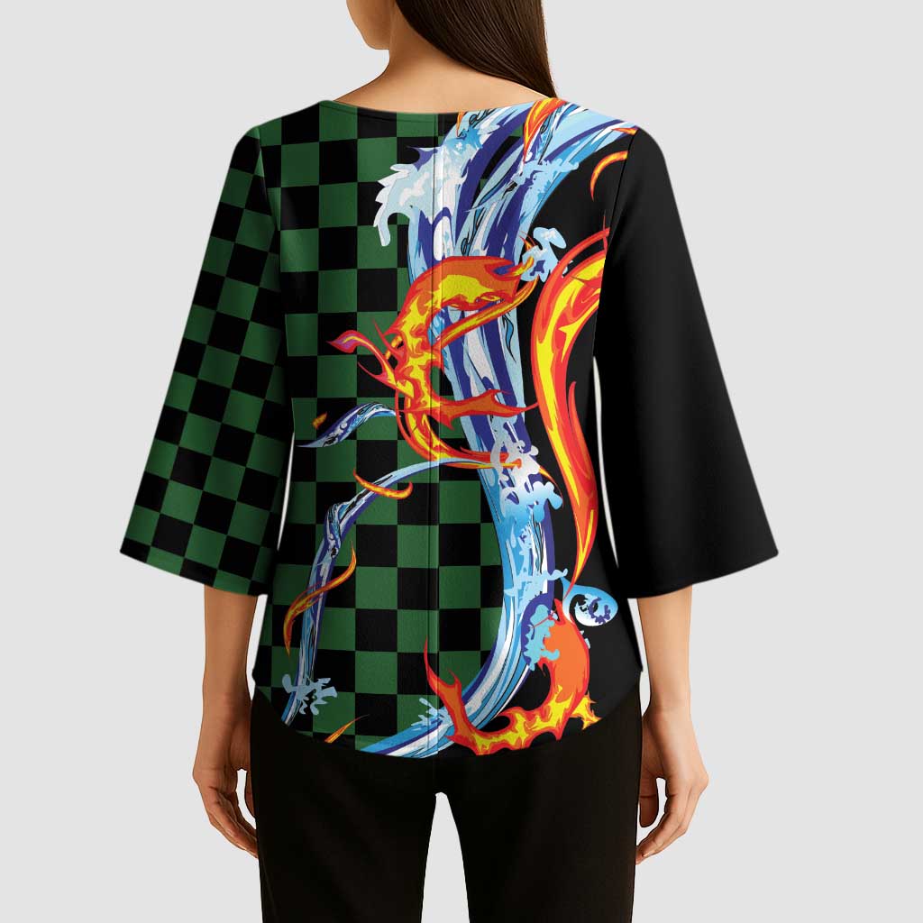 Japanese Asanoha Pattern Kimono Sleeve Blouse Sun Flame Slayer Dragon Hinokami Kagura Spirit - Polynesian Pride