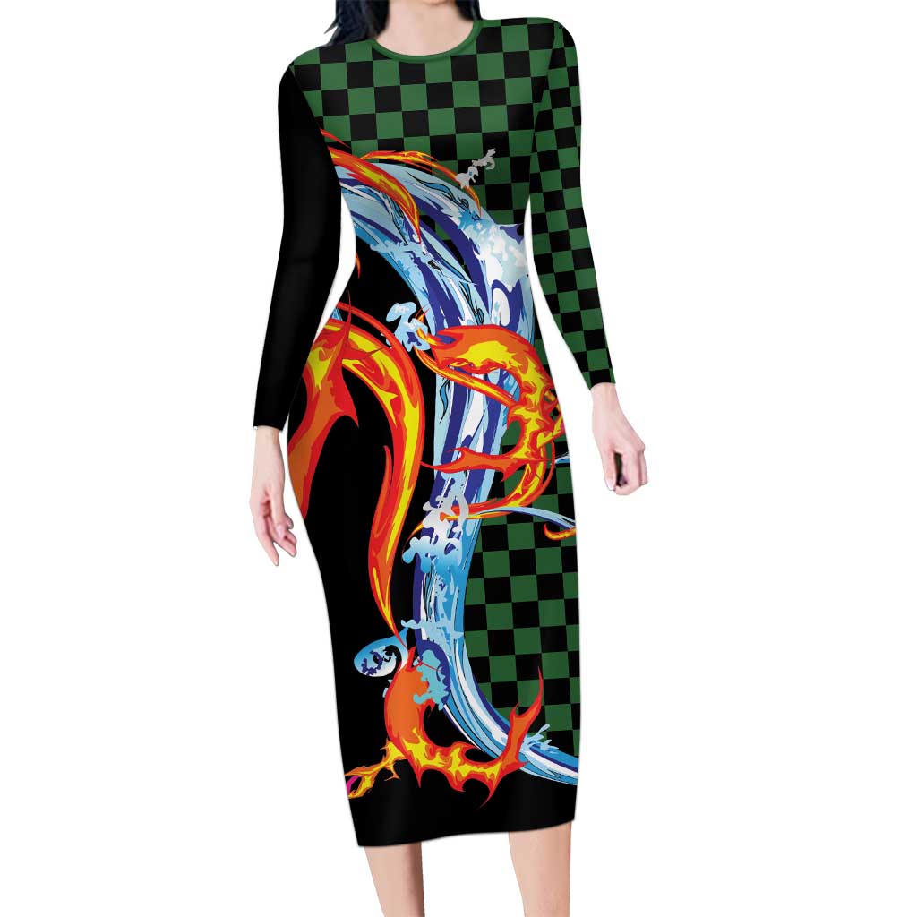 Japanese Asanoha Pattern Long Sleeve Bodycon Dress Sun Flame Slayer Dragon  Hinokami Kagura Spirit