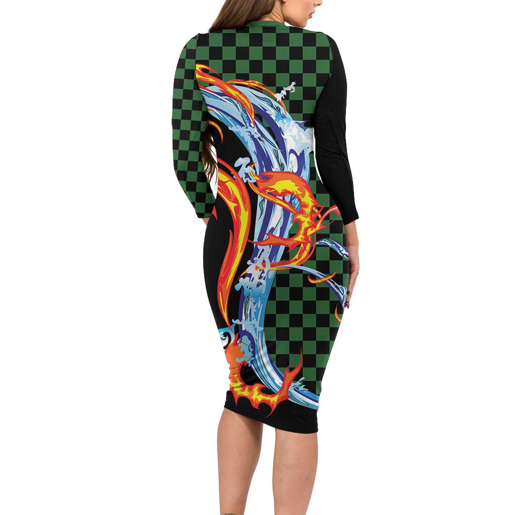 Japanese Asanoha Pattern Long Sleeve Bodycon Dress Sun Flame Slayer Dragon Hinokami Kagura Spirit - Polynesian Pride
