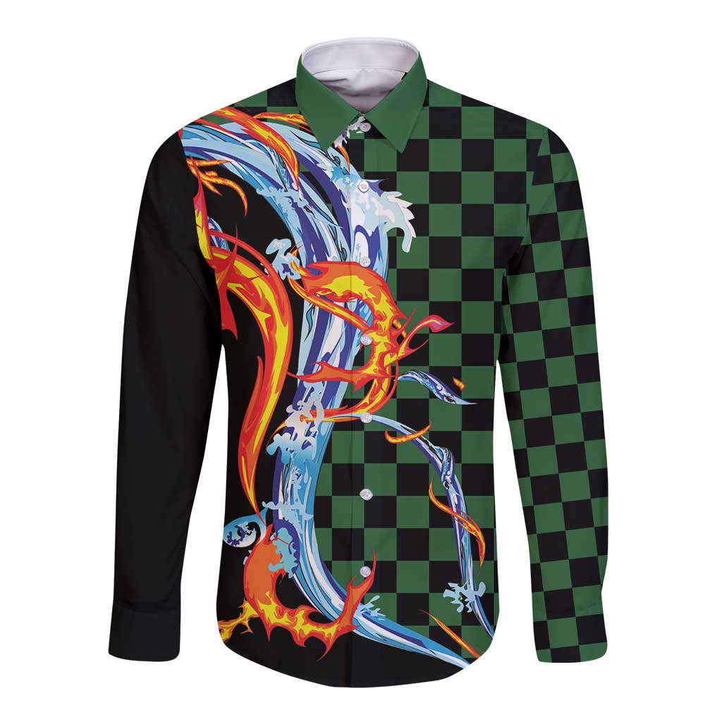 Japanese Asanoha Pattern Long Sleeve Button Shirt Sun Flame Slayer Dragon Hinokami Kagura Spirit - Polynesian Pride