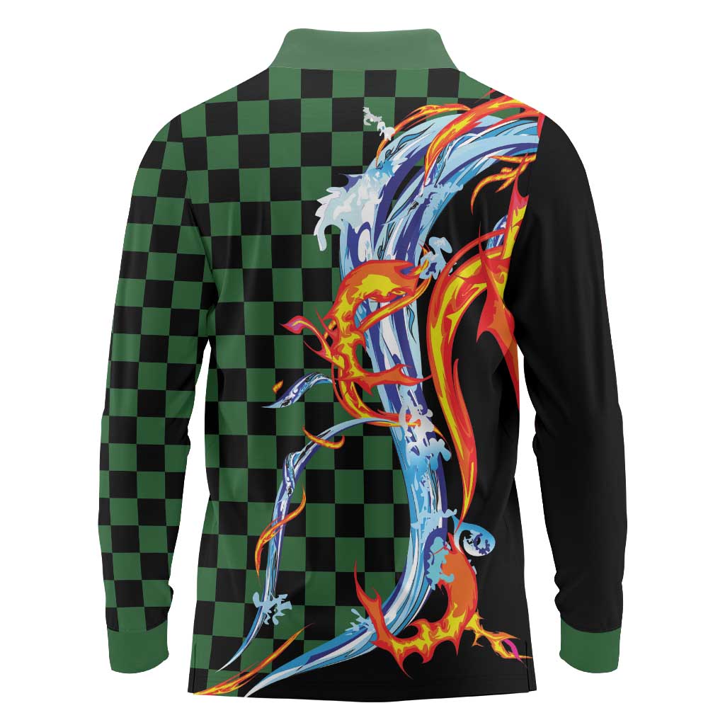 Japanese Asanoha Pattern Long Sleeve Polo Shirt Sun Flame Slayer Dragon Hinokami Kagura Spirit - Polynesian Pride