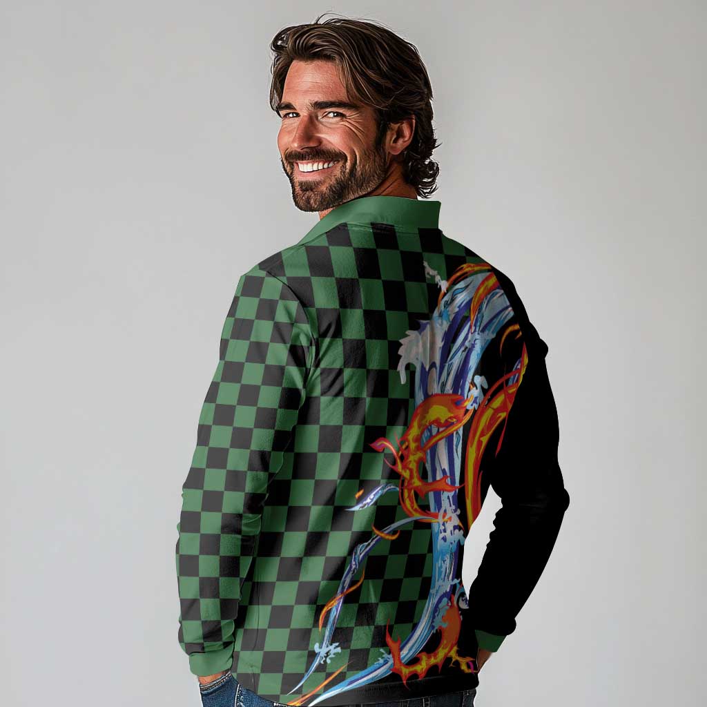 Japanese Asanoha Pattern Long Sleeve Polo Shirt Sun Flame Slayer Dragon Hinokami Kagura Spirit - Polynesian Pride