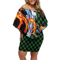 Japanese Asanoha Pattern Off Shoulder Short Dress Sun Flame Slayer Dragon Hinokami Kagura Spirit - Polynesian Pride