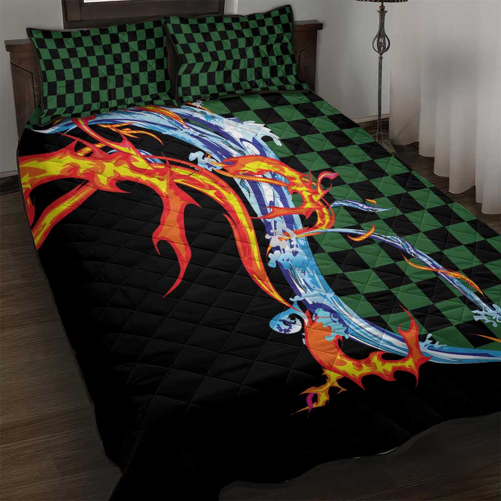 Japanese Asanoha Pattern Quilt Bed Set Sun Flame Slayer Dragon Hinokami Kagura Spirit LT9 Green - Polynesian Pride