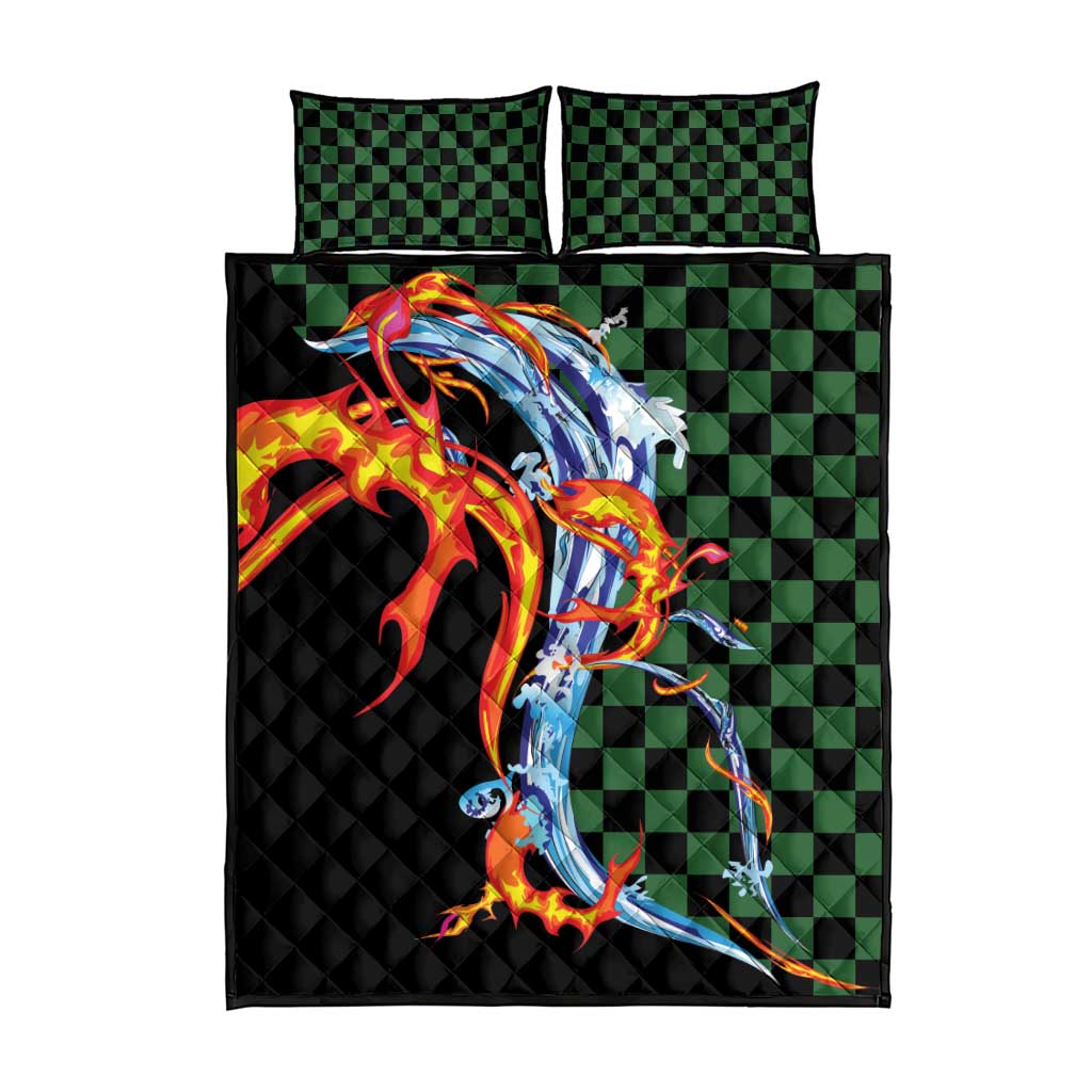 Japanese Asanoha Pattern Quilt Bed Set Sun Flame Slayer Dragon Hinokami Kagura Spirit - Polynesian Pride