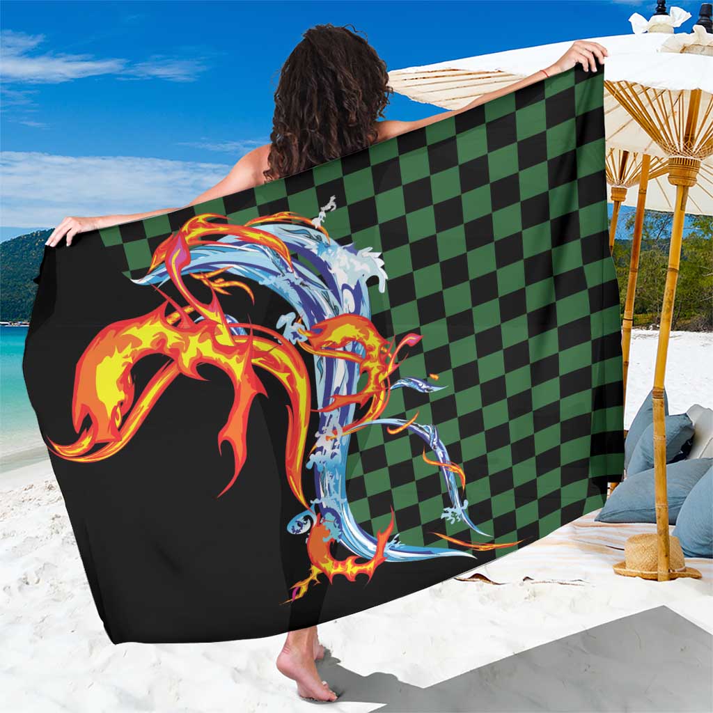 Japanese Asanoha Pattern Sarong Sun Flame Slayer Dragon Hinokami Kagura Spirit LT9 One Size 44 x 66 inches Green - Polynesian Pride