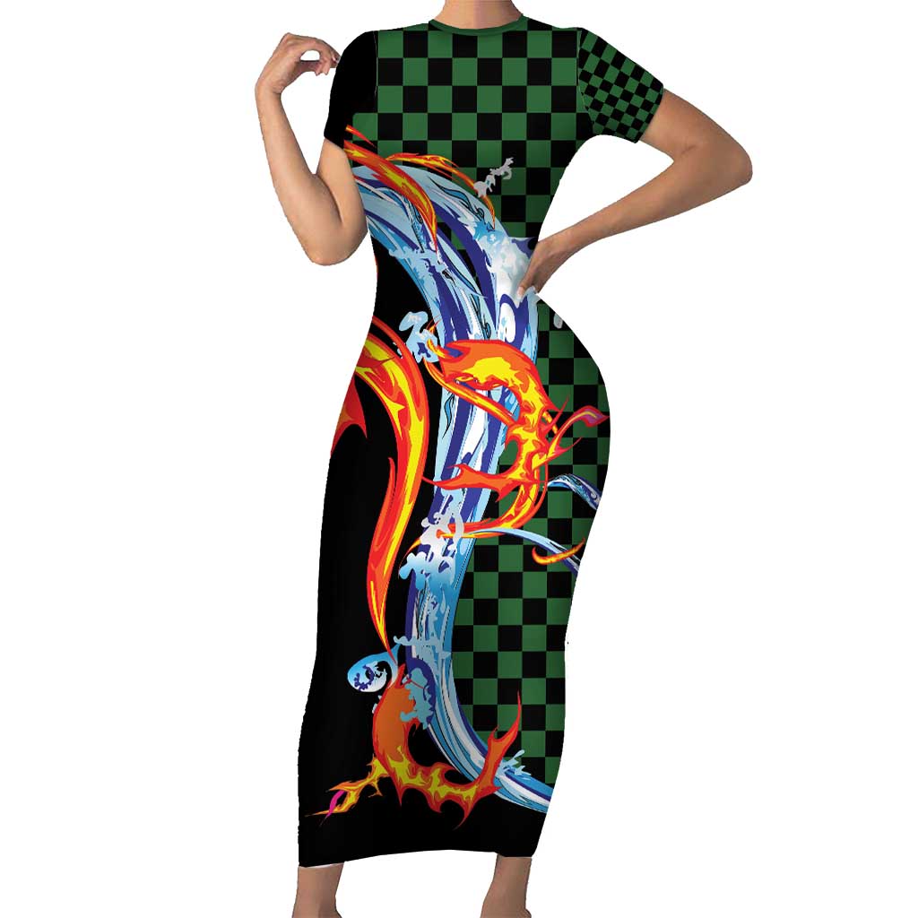 Japanese Asanoha Pattern Short Sleeve Bodycon Dress Sun Flame Slayer Dragon Hinokami Kagura Spirit - Polynesian Pride