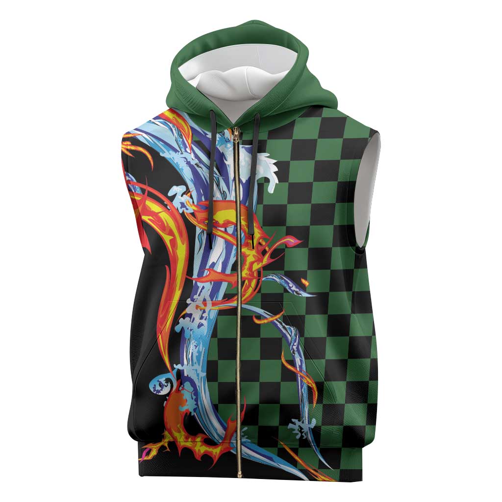Japanese Asanoha Pattern Sleeveless Zip Hoodie Sun Flame Slayer Dragon Hinokami Kagura Spirit - Polynesian Pride