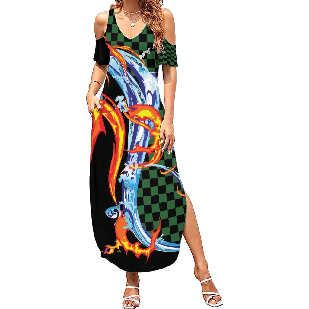 Japanese Asanoha Pattern Summer Maxi Dress Sun Flame Slayer Dragon Hinokami Kagura Spirit - Polynesian Pride