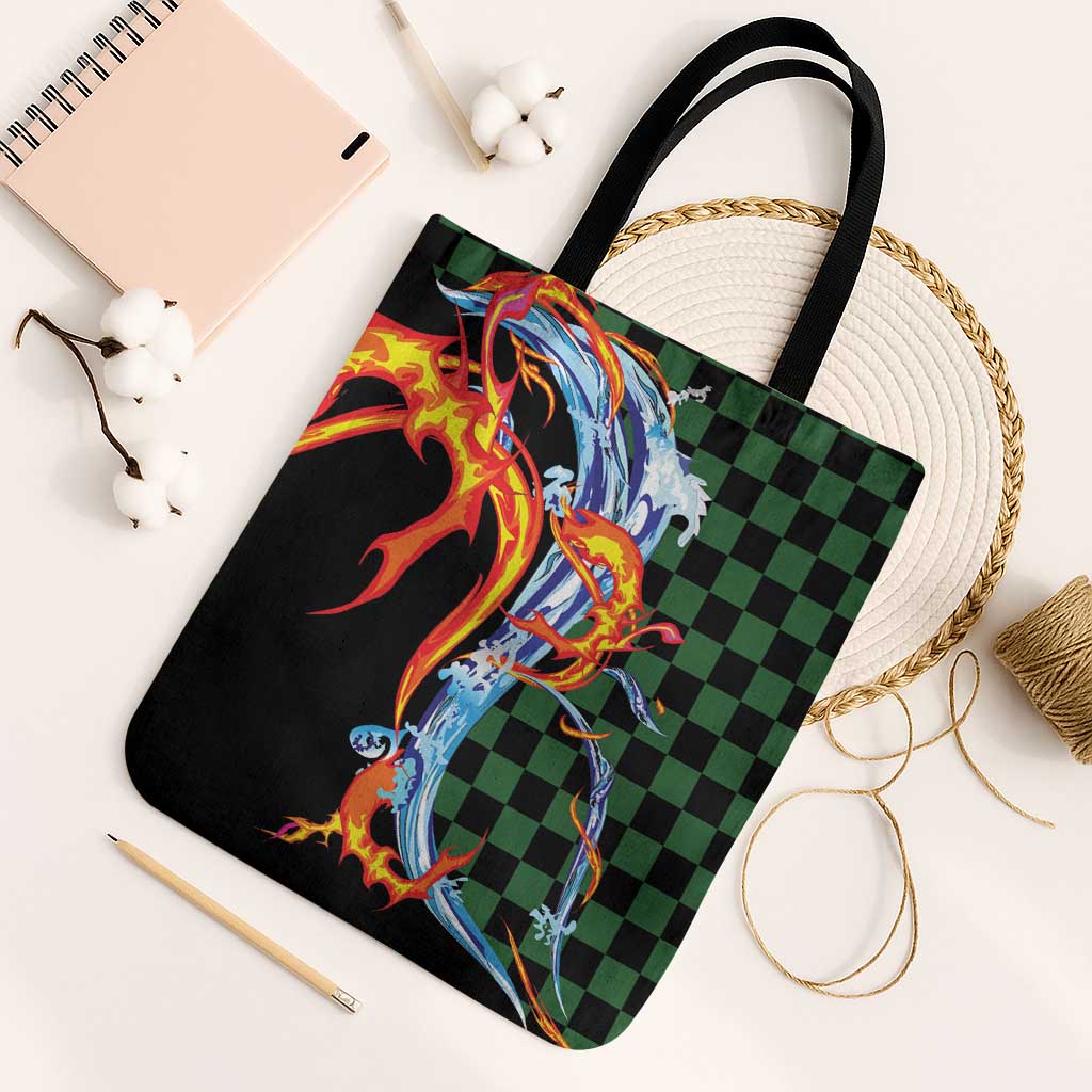 Japanese Asanoha Pattern Tote Bag Sun Flame Slayer Dragon Hinokami Kagura Spirit LT9 Black Strap One Size Green - Polynesian Pride