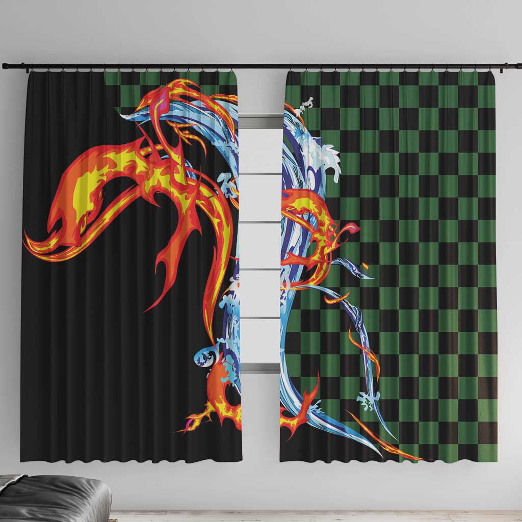 Japanese Asanoha Pattern Window Curtain Sun Flame Slayer Dragon Hinokami Kagura Spirit LT9 With Hooks Green - Polynesian Pride