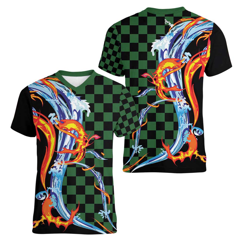 Japanese Asanoha Pattern Women V-Neck T-Shirt Sun Flame Slayer Dragon Hinokami Kagura Spirit - Polynesian Pride