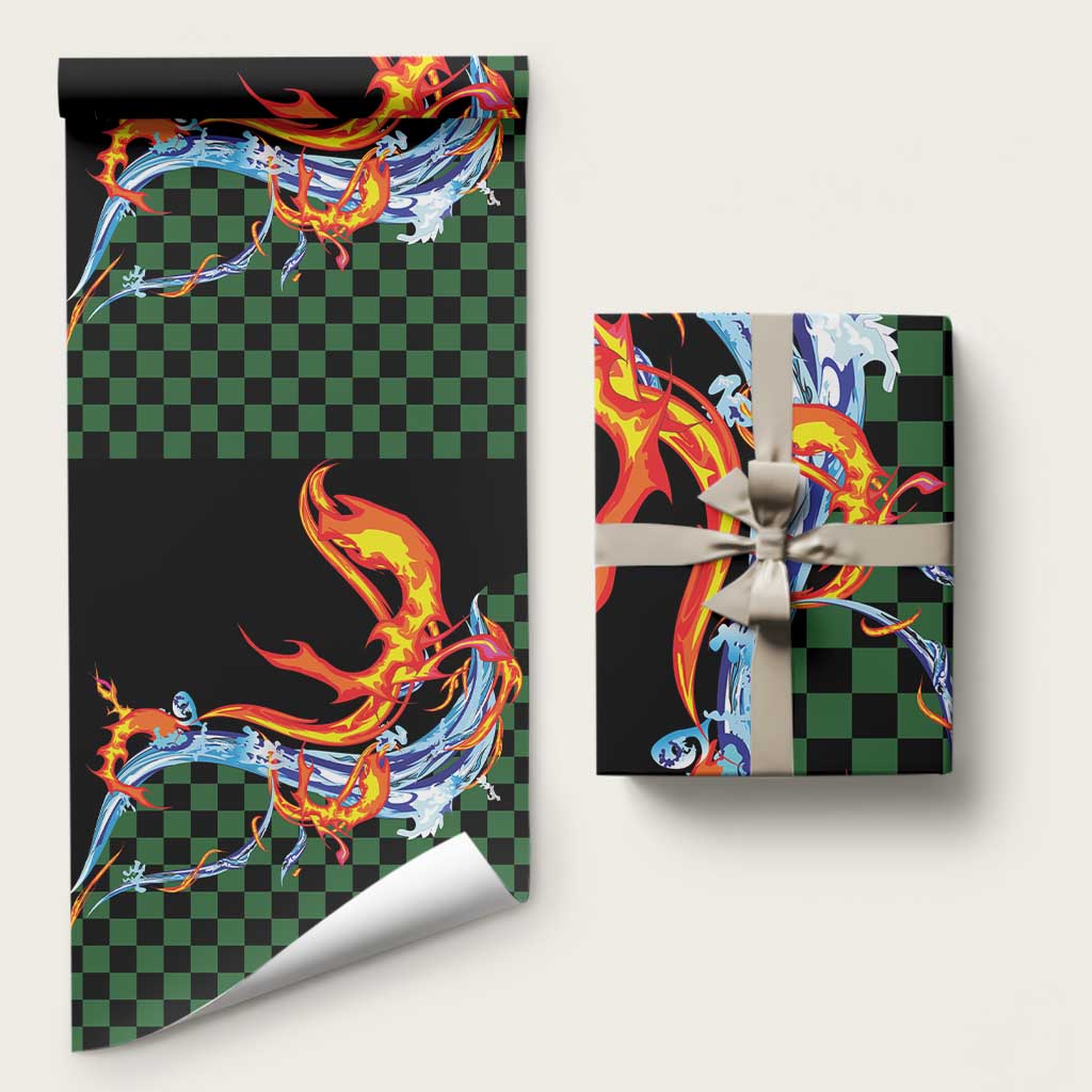 Japanese Asanoha Pattern Wrapping Paper Sun Flame Slayer Dragon Hinokami Kagura Spirit LT9 58" × 23" Green - Polynesian Pride