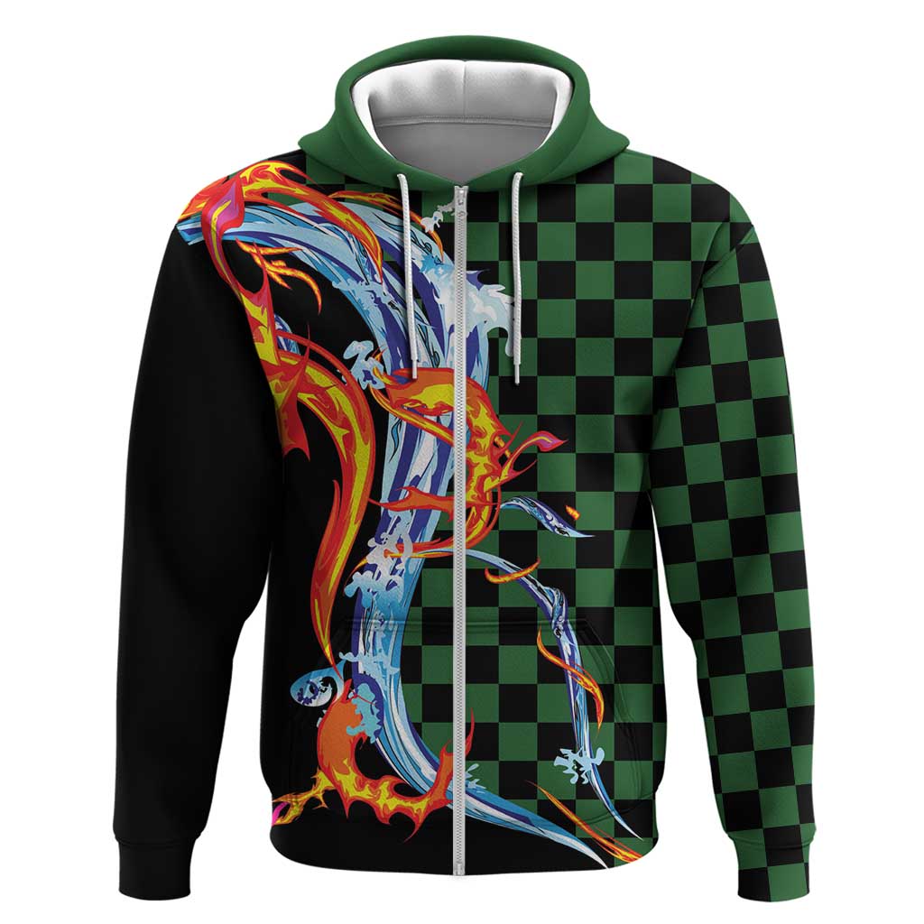 Japanese Asanoha Pattern Zip Hoodie Sun Flame Slayer Dragon Hinokami Kagura Spirit LT9 Zip Hoodie Green - Polynesian Pride
