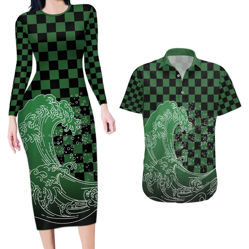 Japanese Asanoha Pattern Couples Matching Long Sleeve Bodycon Dress and Hawaiian Shirt Water Breathing Slayer Dragon - Polynesian Pride
