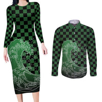 Japanese Asanoha Pattern Couples Matching Long Sleeve Bodycon Dress and Long Sleeve Button Shirt Water Breathing Slayer Dragon - Polynesian Pride