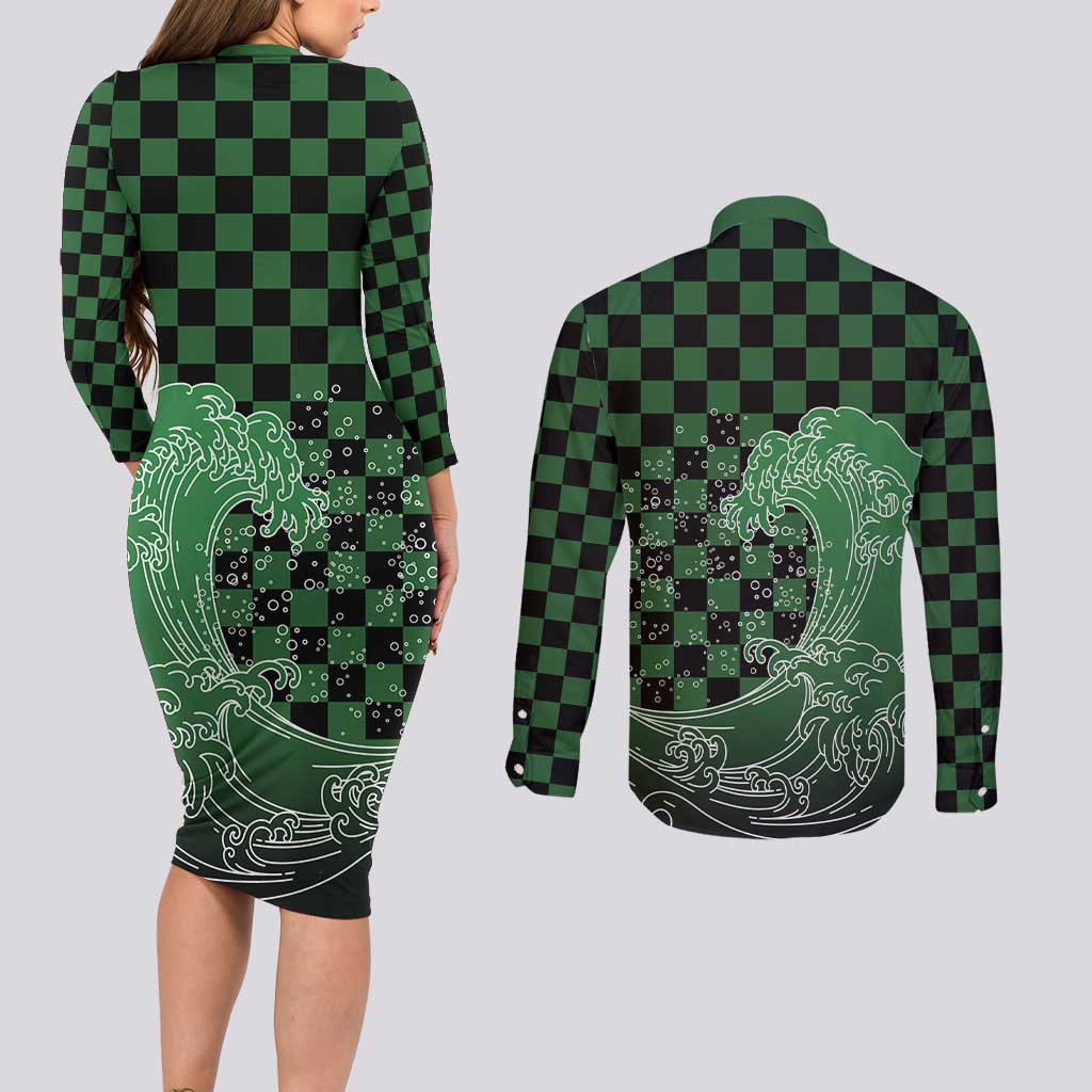 Japanese Asanoha Pattern Couples Matching Long Sleeve Bodycon Dress and Long Sleeve Button Shirt Water Breathing Slayer Dragon - Polynesian Pride