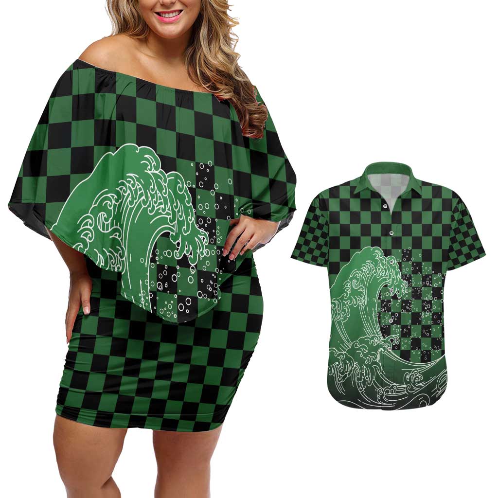 Japanese Asanoha Pattern Couples Matching Off Shoulder Short Dress and Hawaiian Shirt Water Breathing Slayer Dragon - Polynesian Pride