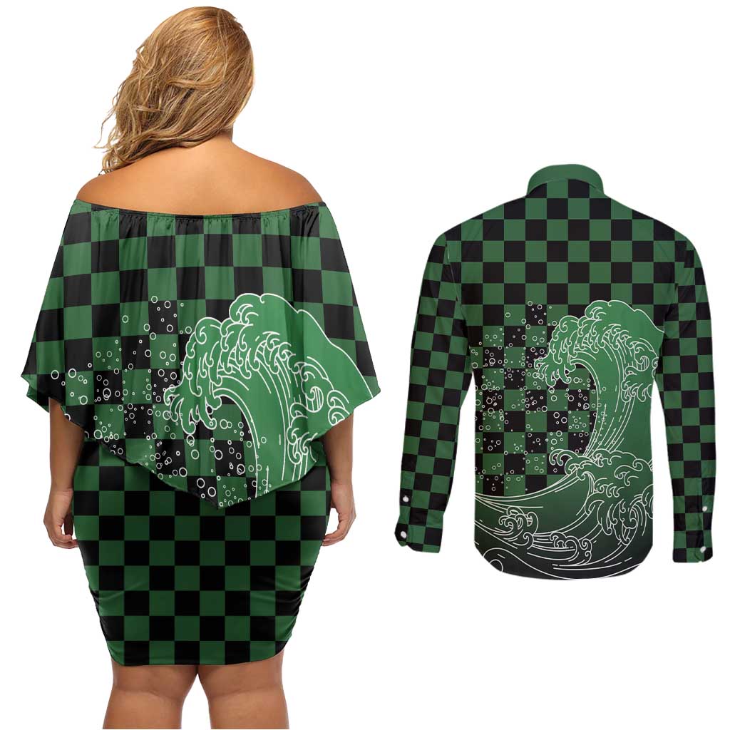 Japanese Asanoha Pattern Couples Matching Off Shoulder Short Dress and Long Sleeve Button Shirt Water Breathing Slayer Dragon - Polynesian Pride