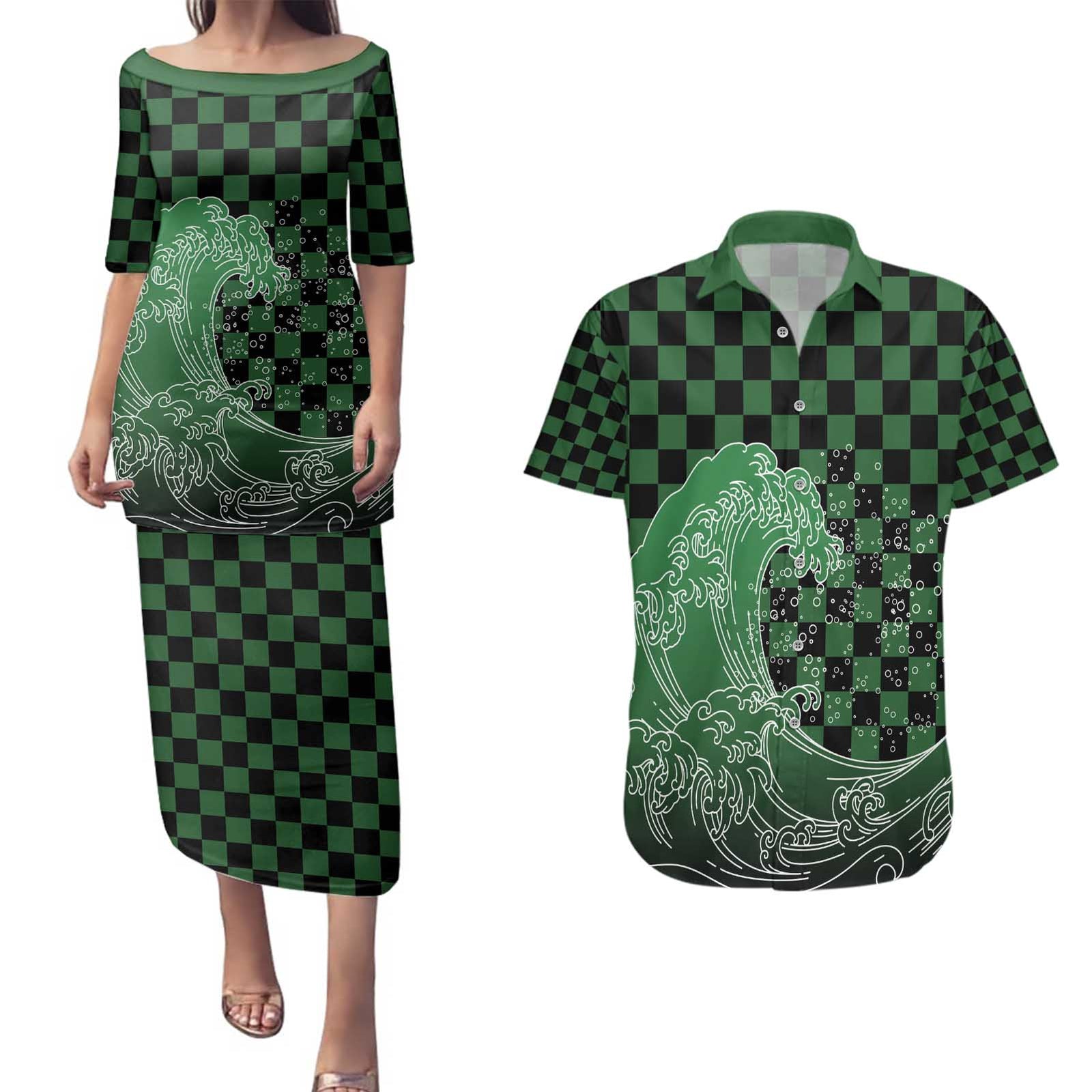Japanese Asanoha Pattern Couples Matching Puletasi and Hawaiian Shirt Water Breathing Slayer Dragon LT9 Green - Polynesian Pride