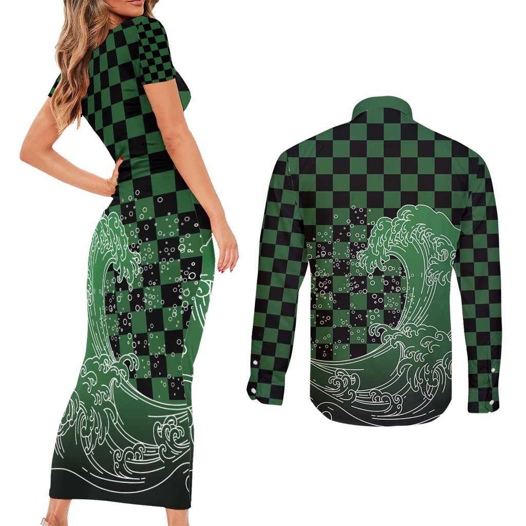Japanese Asanoha Pattern Couples Matching Short Sleeve Bodycon Dress and Long Sleeve Button Shirt Water Breathing Slayer Dragon - Polynesian Pride