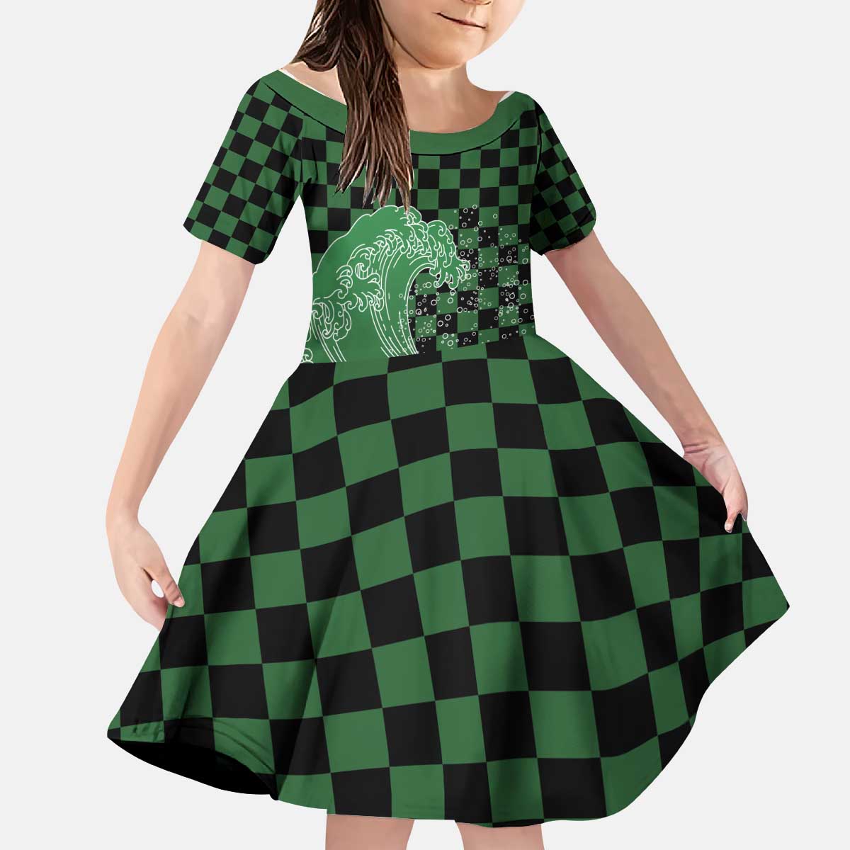 Japanese Asanoha Pattern Kid Short Sleeve Dress Water Breathing Slayer Dragon - Polynesian Pride