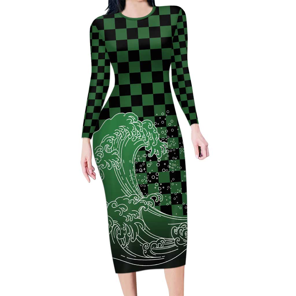 Japanese Asanoha Pattern Long Sleeve Bodycon Dress Water Breathing Slayer Dragon - Polynesian Pride