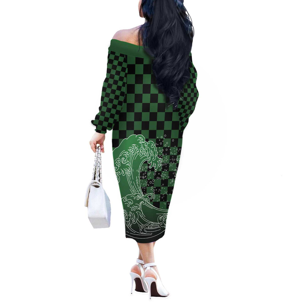 Japanese Asanoha Pattern Off The Shoulder Long Sleeve Dress Water Breathing Slayer Dragon - Polynesian Pride