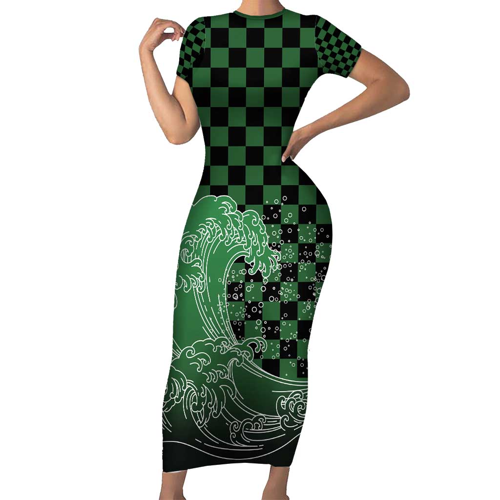 Japanese Asanoha Pattern Short Sleeve Bodycon Dress Water Breathing Slayer Dragon - Polynesian Pride